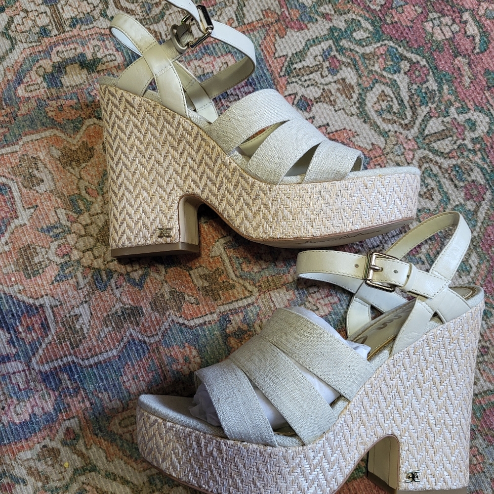 Sam Edelman Liora Strappy Platform Wedge Linen Summer Sandals Size 8.5 New w Box - Picture 5 of 8